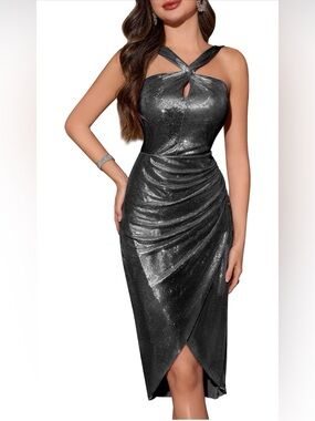 Sleek One-Shoulder Metallic Charcoal Ruched Cocktail Dress